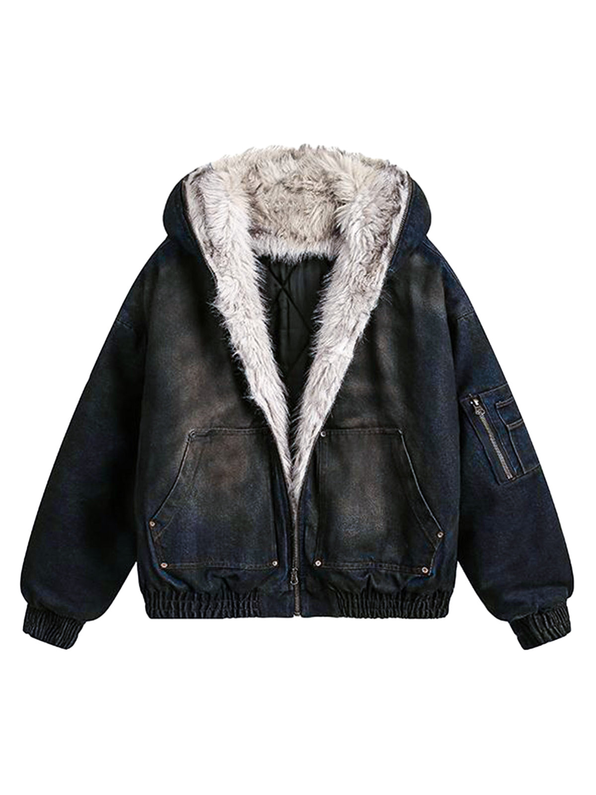 Washed Denim Fur Hooded Jacket - 1125