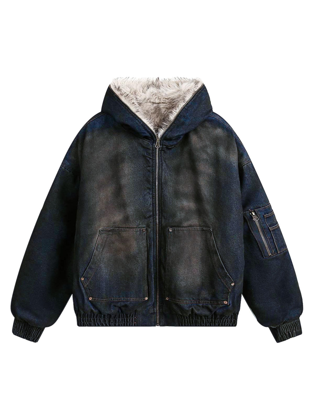 Washed Denim Fur Hooded Jacket - 1111