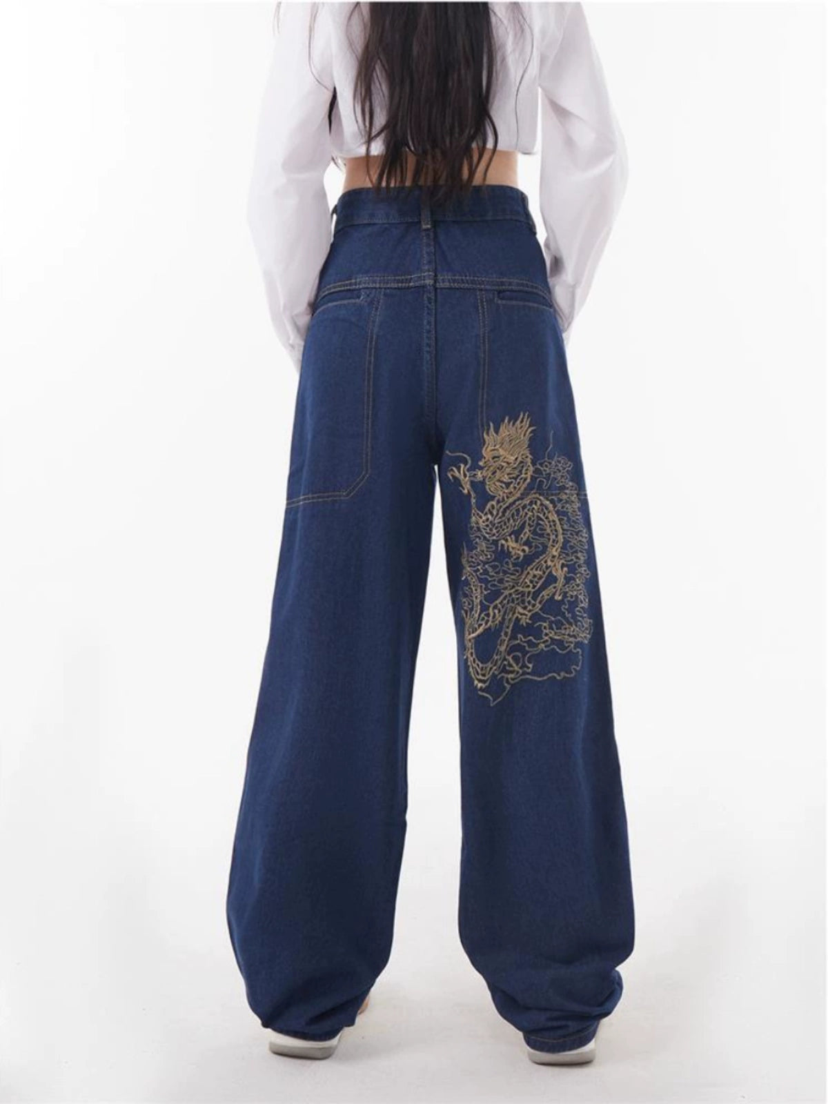 Dragon Embroidered Denim Jeans - Xokool