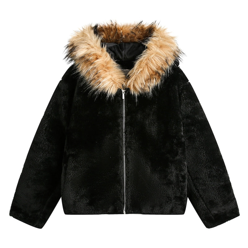 Fur Hooded Quilted Sherpa Jacket - 1128